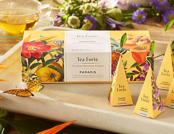 Tea Forte Paradis gift set box with yellow background, red flower. gift for mom, wife, girlfriend