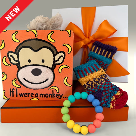 If I were a Monkey board book, Rainbow bead ring teether, cotton mismatched socks for infants