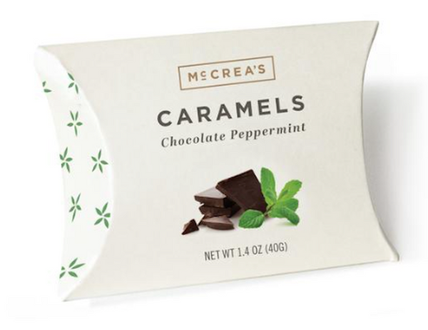 Creamy, melt-in-your-mouth, tongue-tingling caramel with cool peppermint and rich chocolate.  The perfect stocking stuffer!  McCrea's Caramel Candies, Chocolate Peppermint in charming pouch packaging