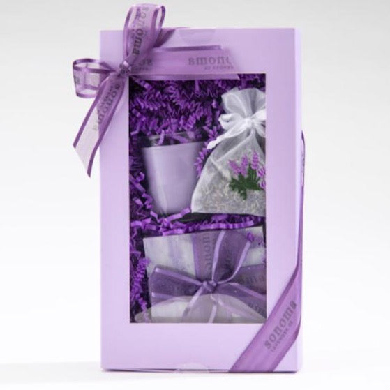 Gift for her. Holiday gift. Lavender kit includes embroidered sachet, lavender soap, lavender candle. Beautiful purple packaging.