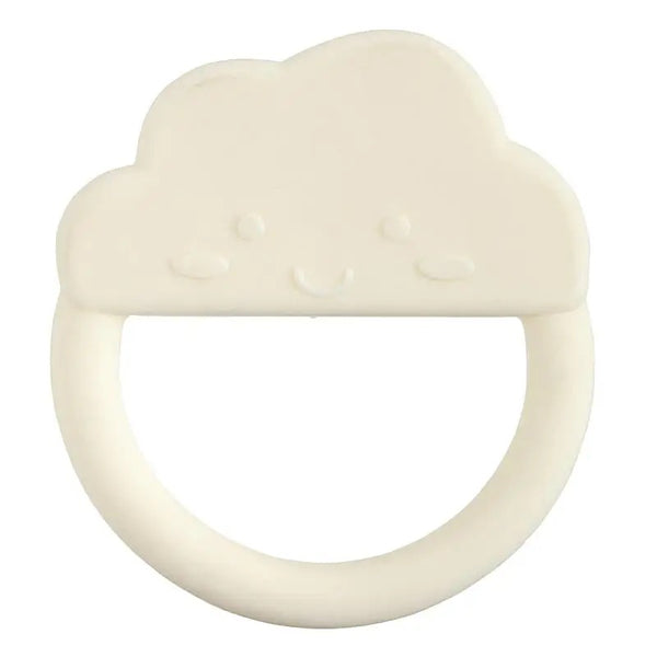 An off-white silicone baby teether shaped like a smiling cloud with a ring handle, shown on a solid white background.