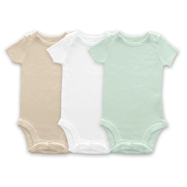 Three short-sleeve baby bodysuits arranged side by side on a white background, in beige, white, and light mint green.