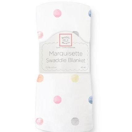 White swaddle blanket with multi-colored dots. New Baby Gift.