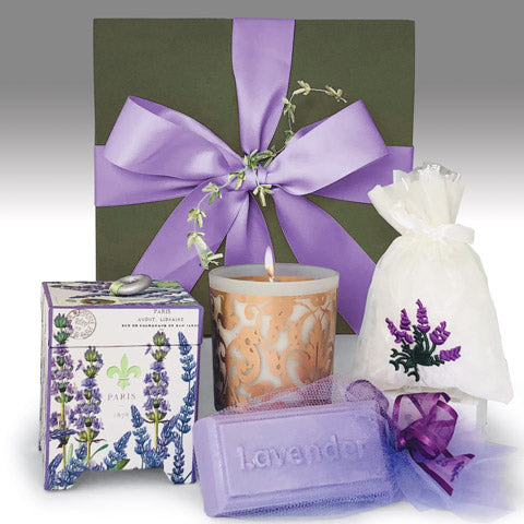Lavender Gift set in a green box with a pure ribbon, a lavender candle, lavender soap and a lavender sachet. Gift for women.