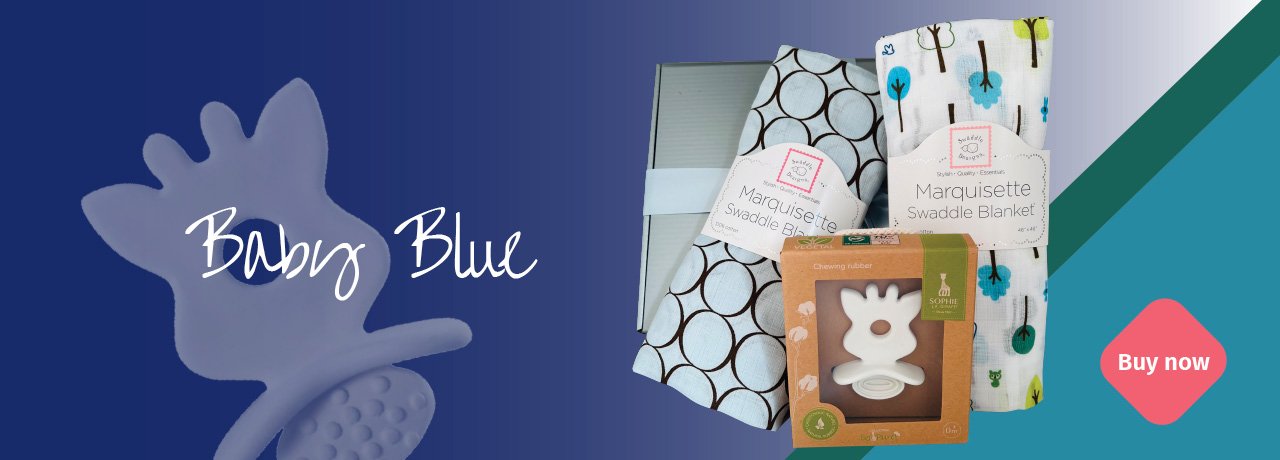 Blue swaddle blankets and Sophie teether